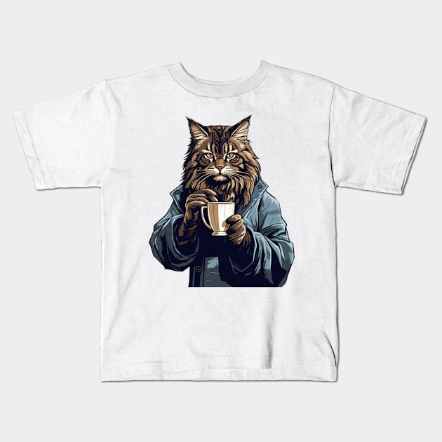 Maine Coon Cat Drinking Coffee Kids T-Shirt by Graceful Designs